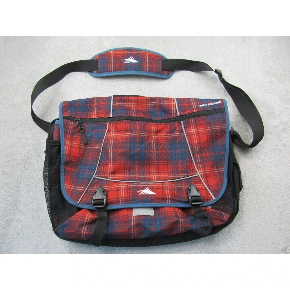 High Sierra Crossbody Laptop Bag Tank Messenger Plaid Flannel Red/Blue 18
